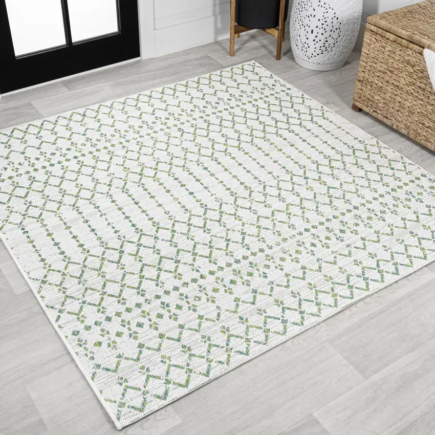 5' Green And Ivory Square Trellis Indoor Outdoor Area Rug Photo 4