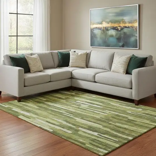 8' Green And Ivory Striped Washable Area Rug With UV Protection Photo 2