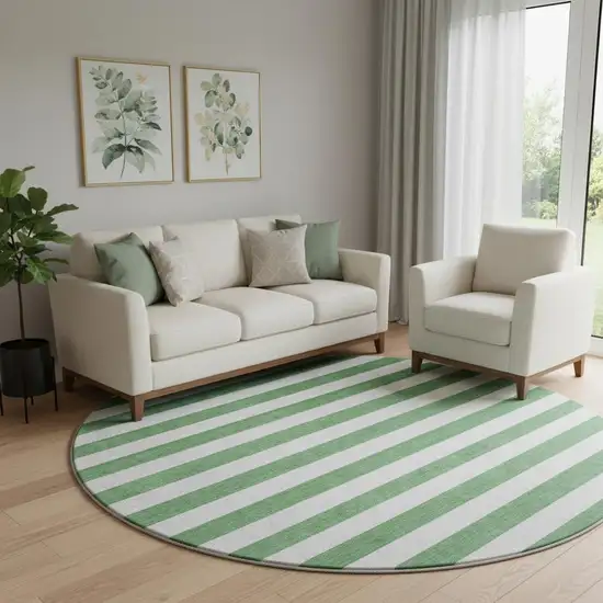 8' Green And Ivory Striped Washable Round Rug With UV Protection Photo 1