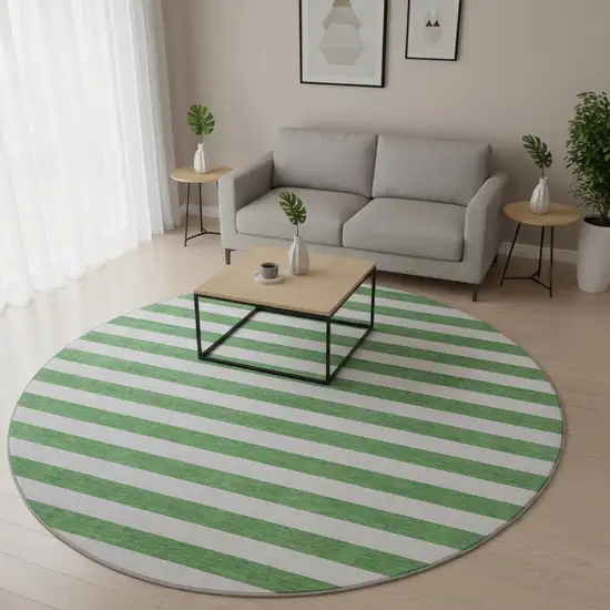 8' Green And Ivory Striped Washable Round Rug With UV Protection Photo 2