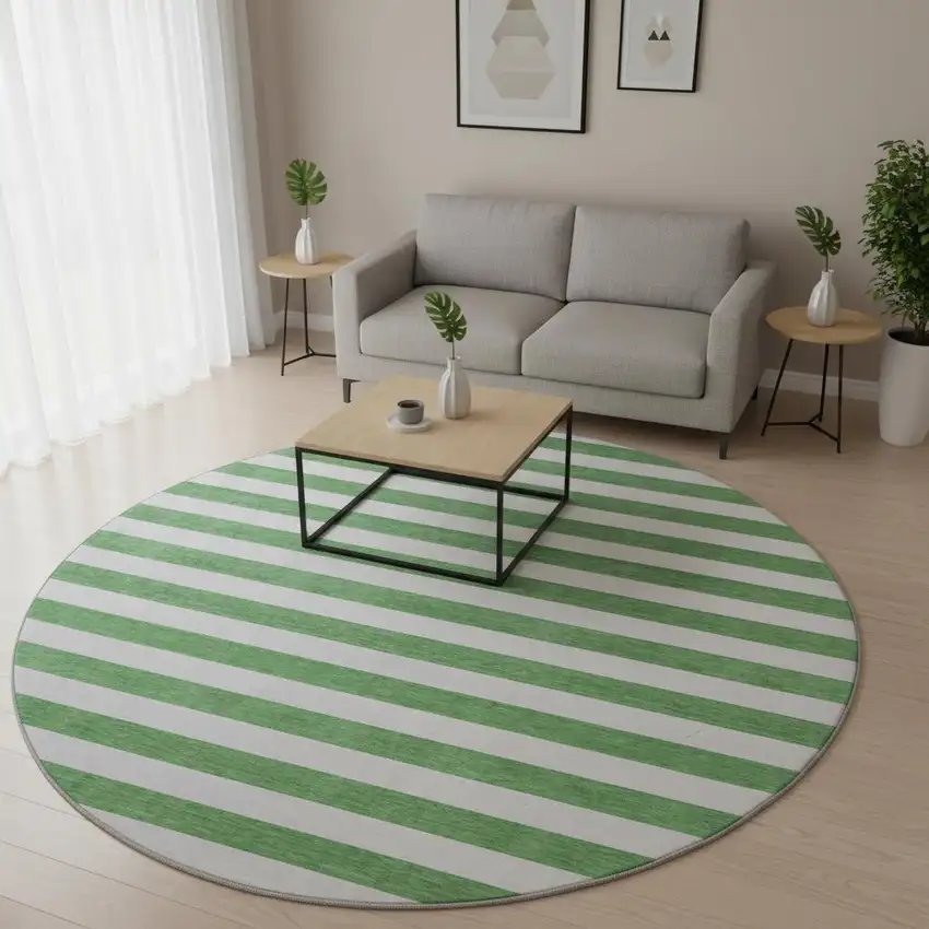 8' Green And Ivory Striped Washable Round Rug With UV Protection Photo 2