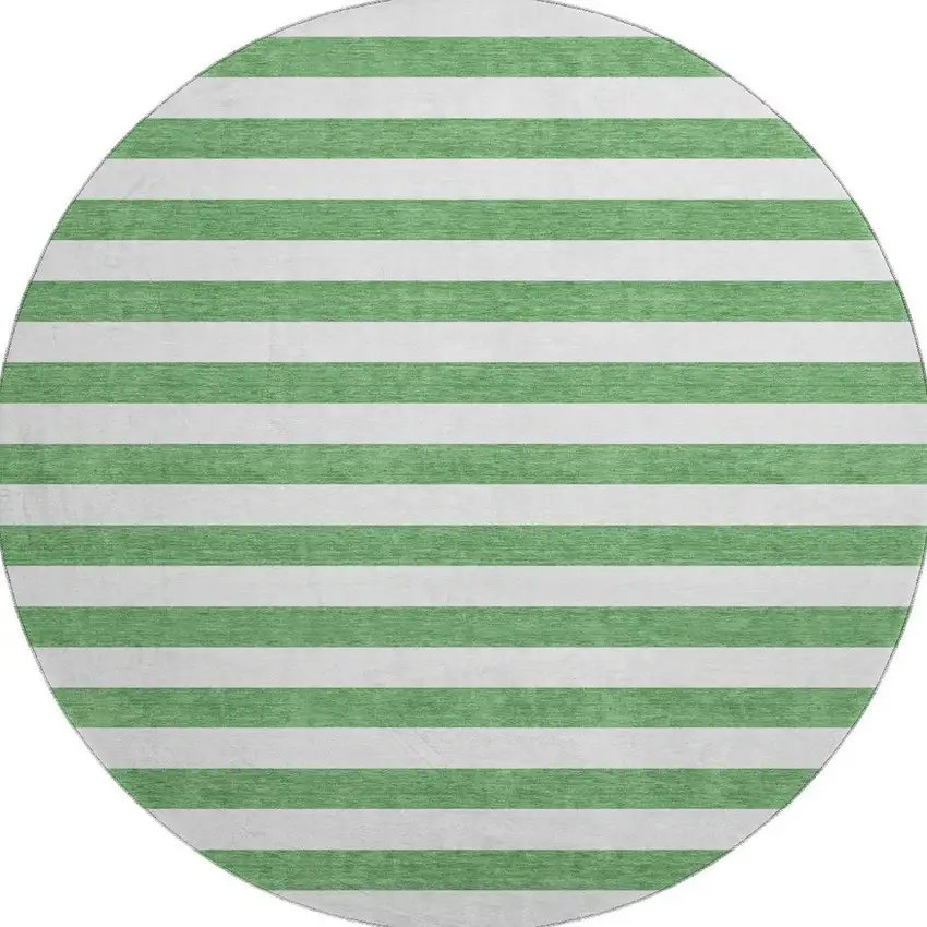 8' Green And Ivory Striped Washable Round Rug With UV Protection Photo 4