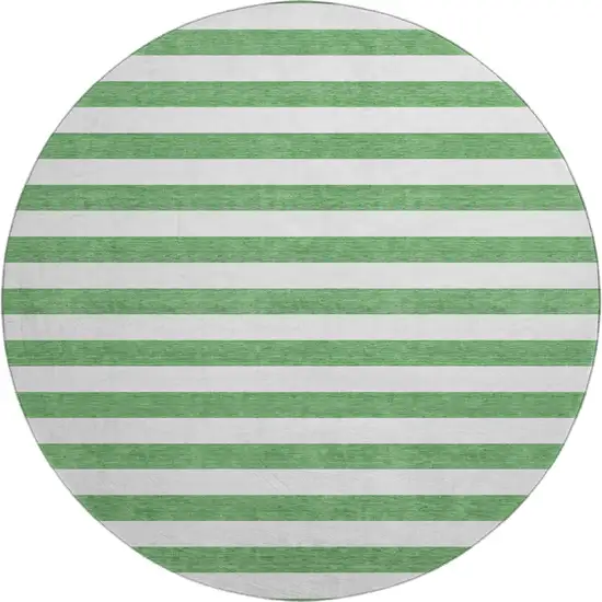 8' Green And Ivory Striped Washable Round Rug With UV Protection Photo 1