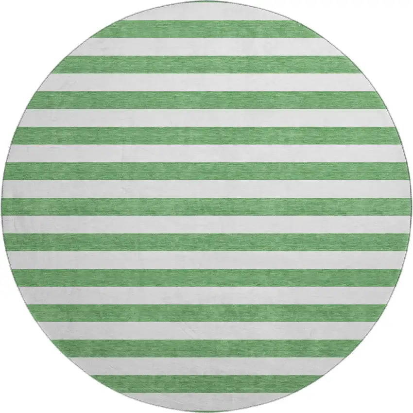 8' Green And Ivory Striped Washable Round Rug With UV Protection Photo 1