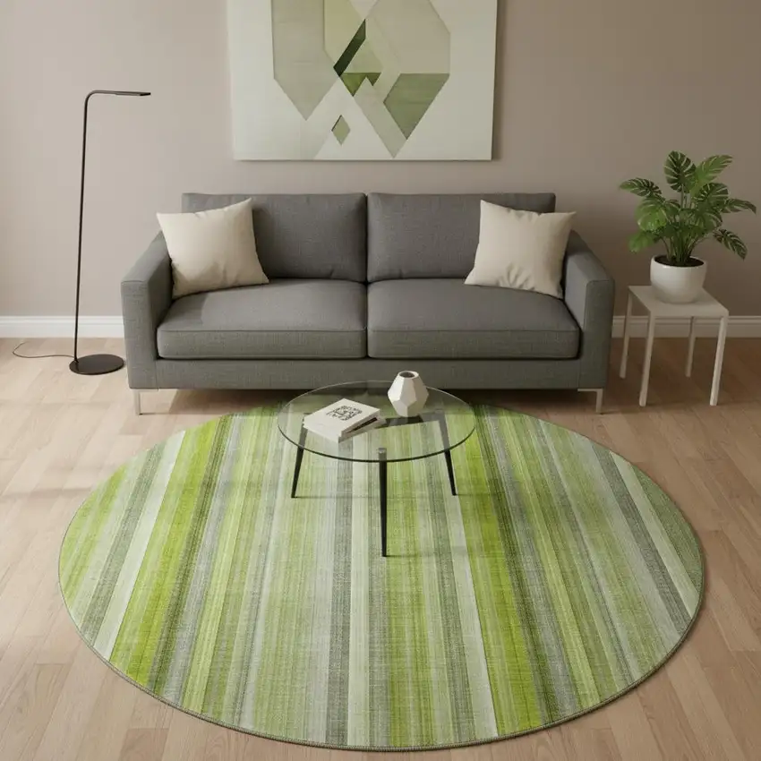 8' Green And Ivory Striped Washable Round Rug With UV Protection Photo 2