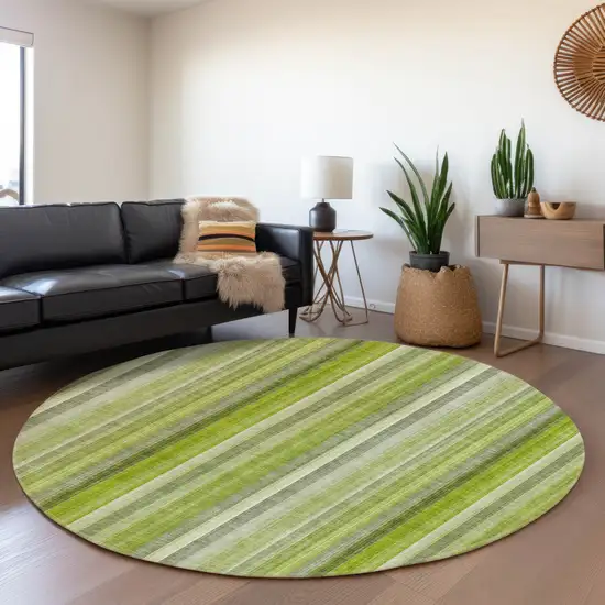8' Green And Ivory Striped Washable Round Rug With UV Protection Photo 5