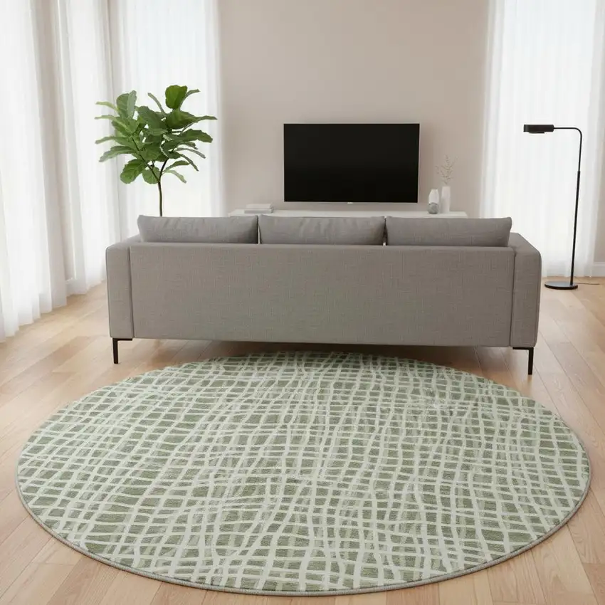 8' Green And Ivory Striped Washable Round Rug With UV Protection Photo 2