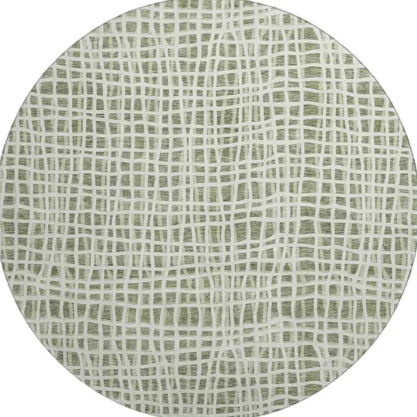 8' Green And Ivory Striped Washable Round Rug With UV Protection Photo 4