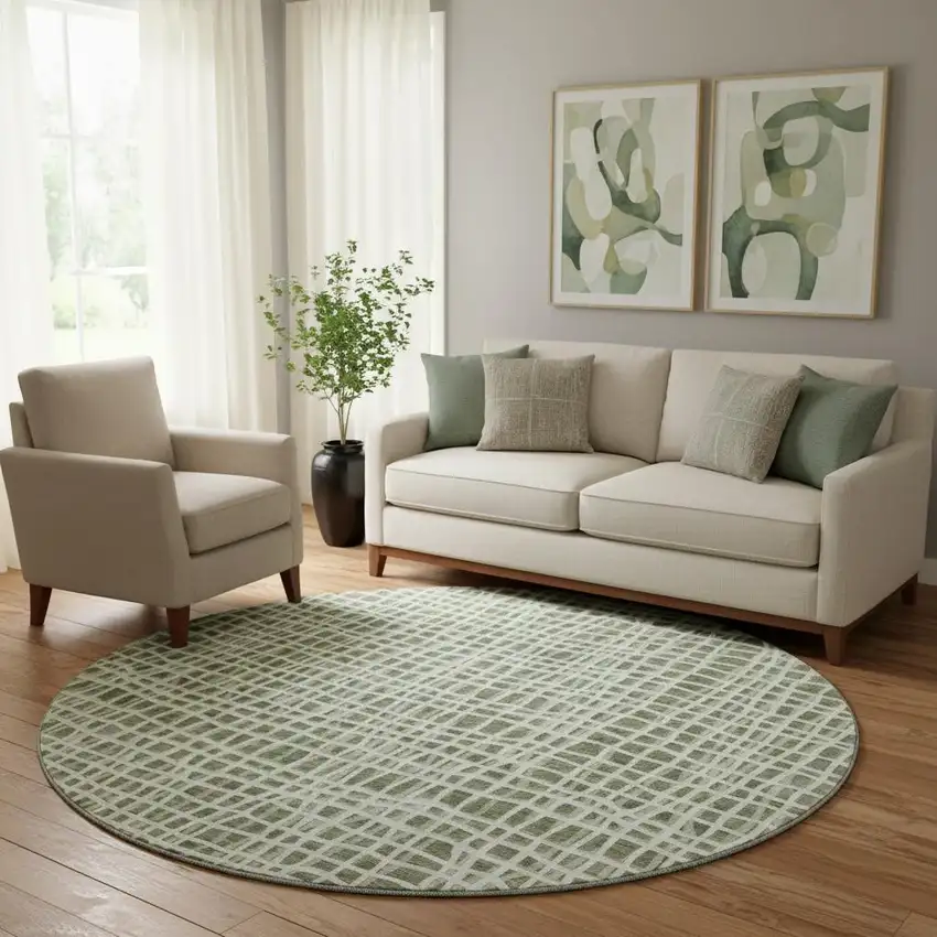 8' Green And Ivory Striped Washable Round Rug With UV Protection Photo 1