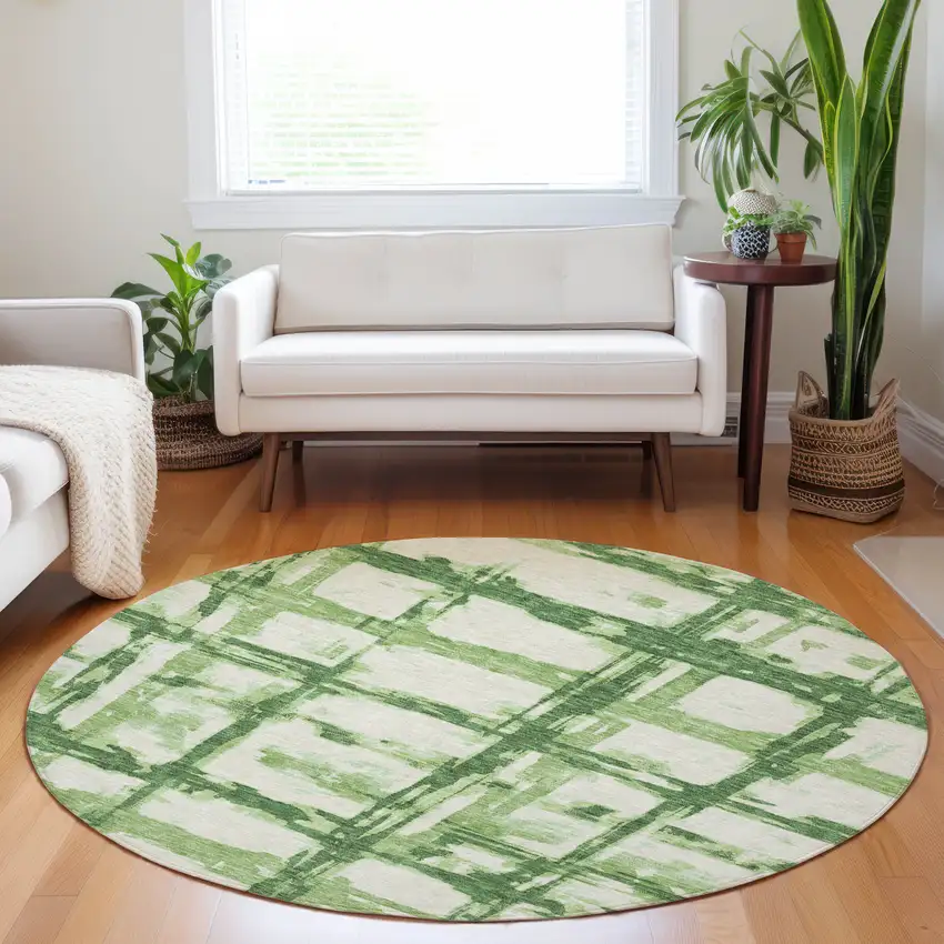 8' Green And Ivory Striped Washable Round Rug With UV Protection Photo 5