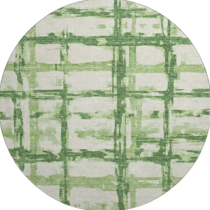 8' Green And Ivory Striped Washable Round Rug With UV Protection Photo 3
