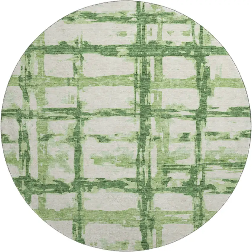 8' Green And Ivory Striped Washable Round Rug With UV Protection Photo 1