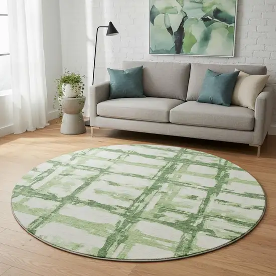 8' Green And Ivory Striped Washable Round Rug With UV Protection Photo 2