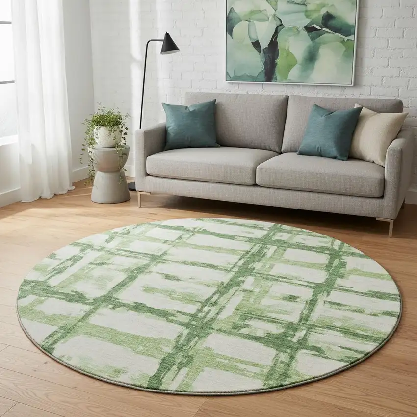 8' Green And Ivory Striped Washable Round Rug With UV Protection Photo 2