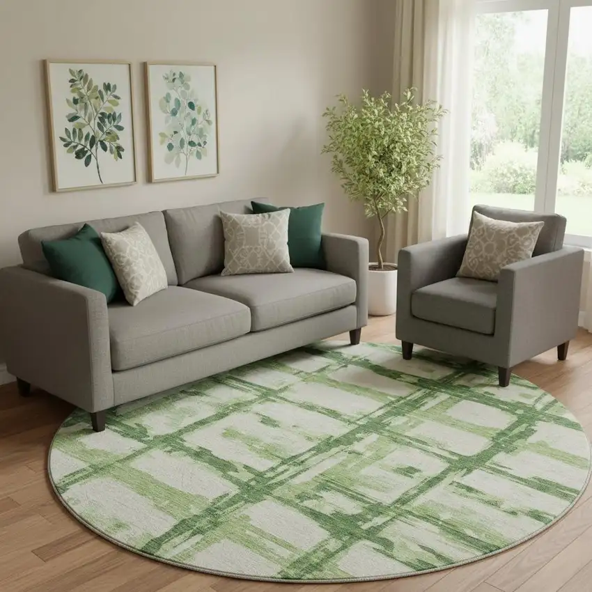 8' Green And Ivory Striped Washable Round Rug With UV Protection Photo 1