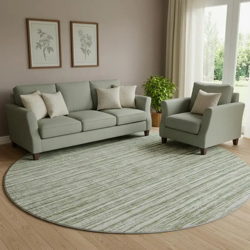 8' Green And Ivory Striped Washable Round Rug With UV Protection Photo 2