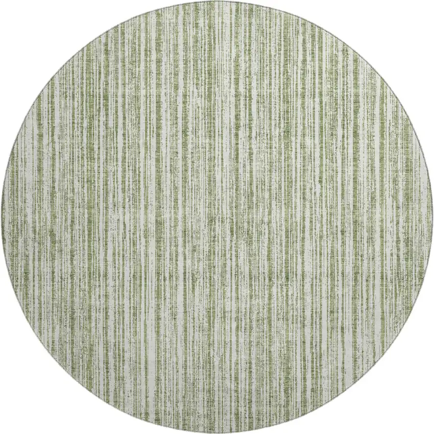 8' Green And Ivory Striped Washable Round Rug With UV Protection Photo 1