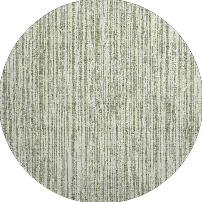 8' Green And Ivory Striped Washable Round Rug With UV Protection Photo 4