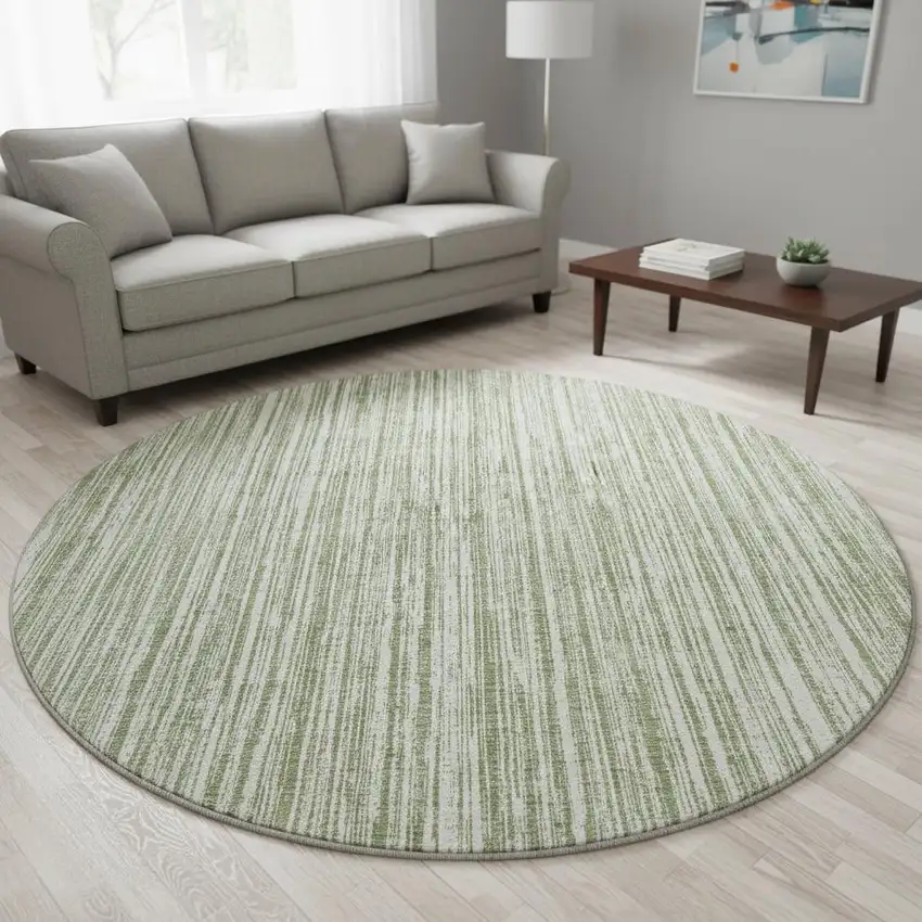 8' Green And Ivory Striped Washable Round Rug With UV Protection Photo 2