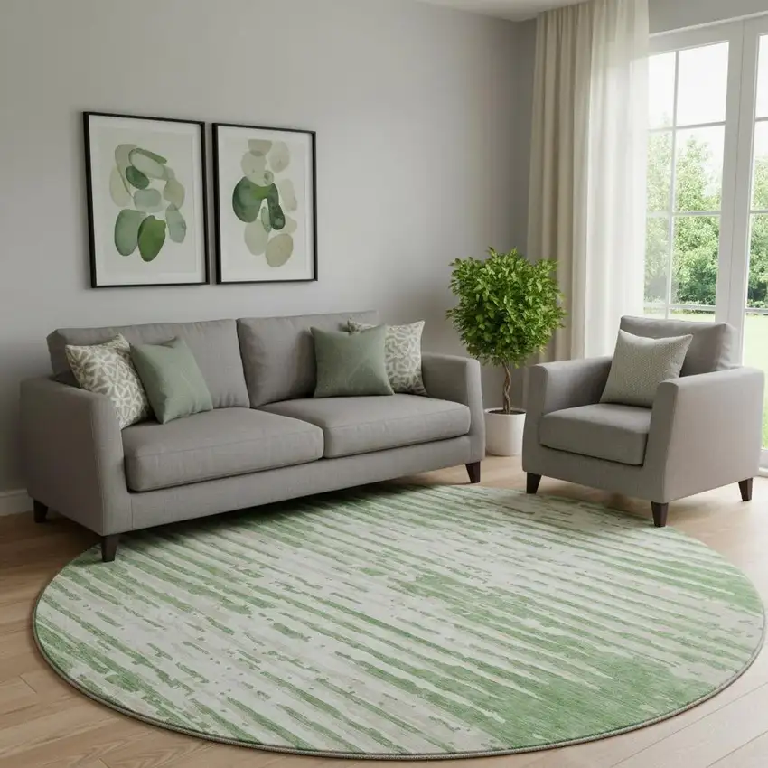 8' Green And Ivory Striped Washable Round Rug With UV Protection Photo 1