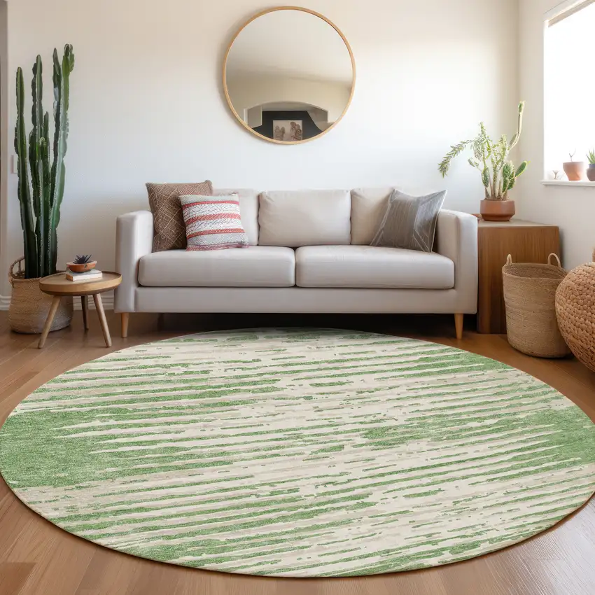 8' Green And Ivory Striped Washable Round Rug With UV Protection Photo 5