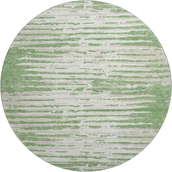 8' Green And Ivory Striped Washable Round Rug With UV Protection Photo 1