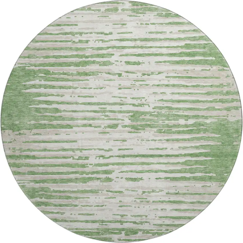 8' Green And Ivory Striped Washable Round Rug With UV Protection Photo 1