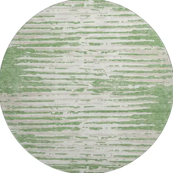 8' Green And Ivory Striped Washable Round Rug With UV Protection Photo 4