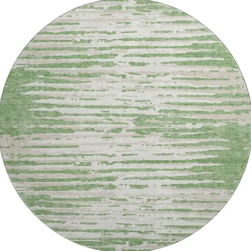 8' Green And Ivory Striped Washable Round Rug With UV Protection Photo 4