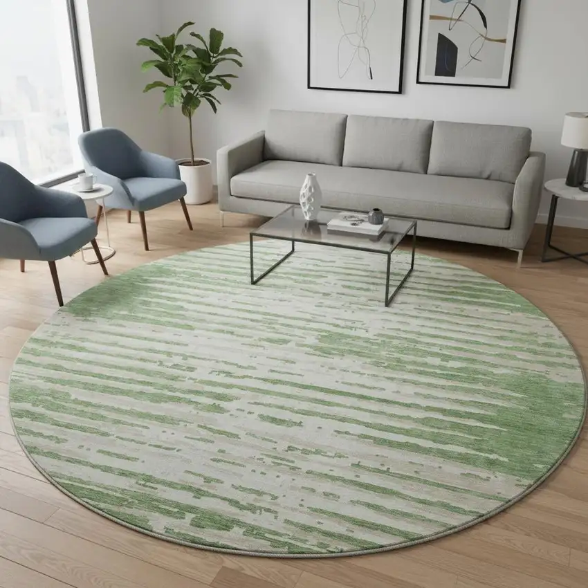 8' Green And Ivory Striped Washable Round Rug With UV Protection Photo 2