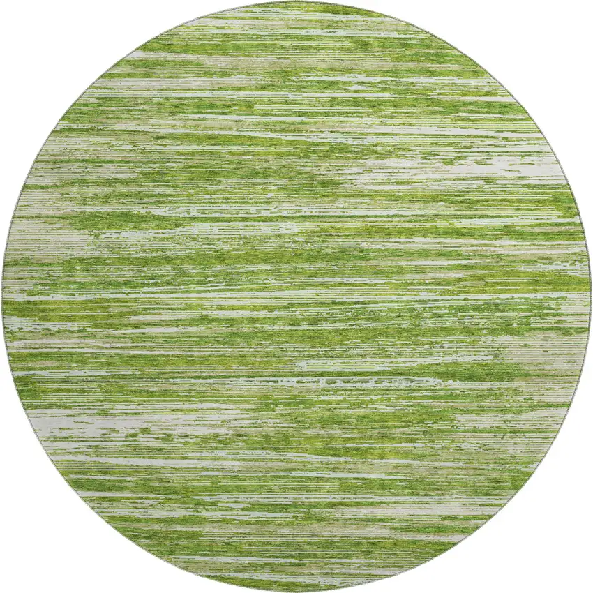 8' Green And Ivory Striped Washable Round Rug With UV Protection Photo 1