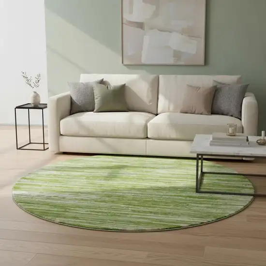 8' Green And Ivory Striped Washable Round Rug With UV Protection Photo 2
