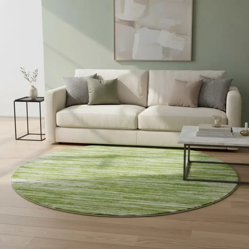 8' Green And Ivory Striped Washable Round Rug With UV Protection Photo 2