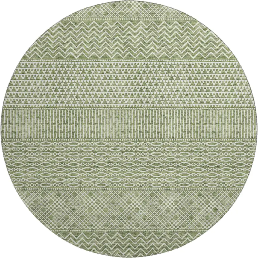 8' Green And Ivory Striped Washable Round Rug With UV Protection Photo 1