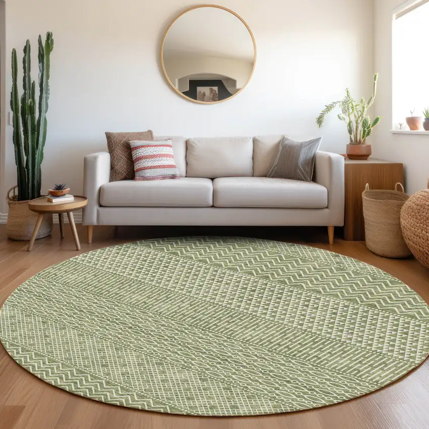 8' Green And Ivory Striped Washable Round Rug With UV Protection Photo 4