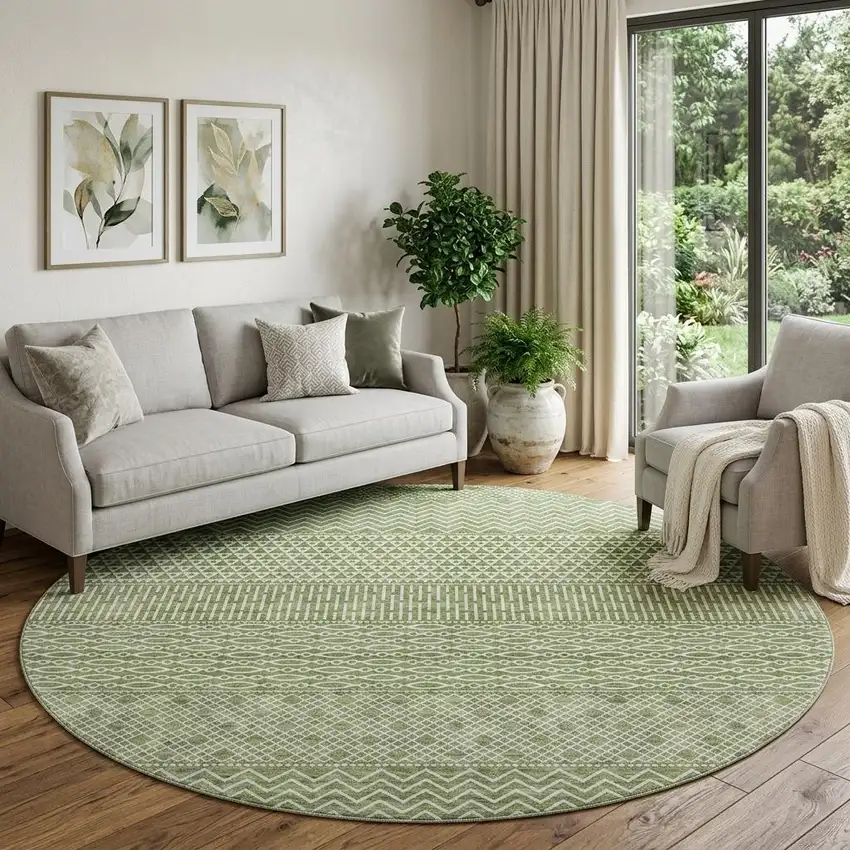 8' Green And Ivory Striped Washable Round Rug With UV Protection Photo 1