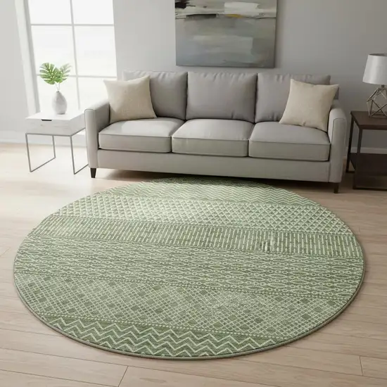 8' Green And Ivory Striped Washable Round Rug With UV Protection Photo 2