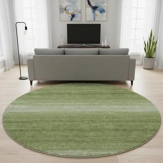 8' Green And Ivory Striped Washable Round Rug With UV Protection Photo 2