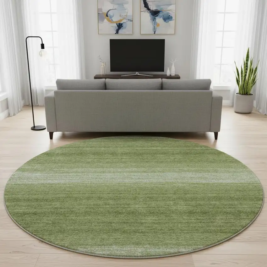 8' Green And Ivory Striped Washable Round Rug With UV Protection Photo 2