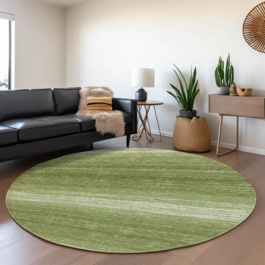 8' Green And Ivory Striped Washable Round Rug With UV Protection Photo 4