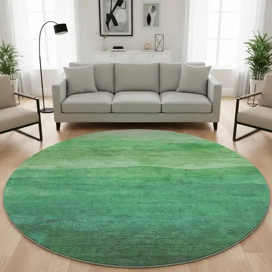 8' Green And Ivory Striped Washable Round Rug With UV Protection Photo 2
