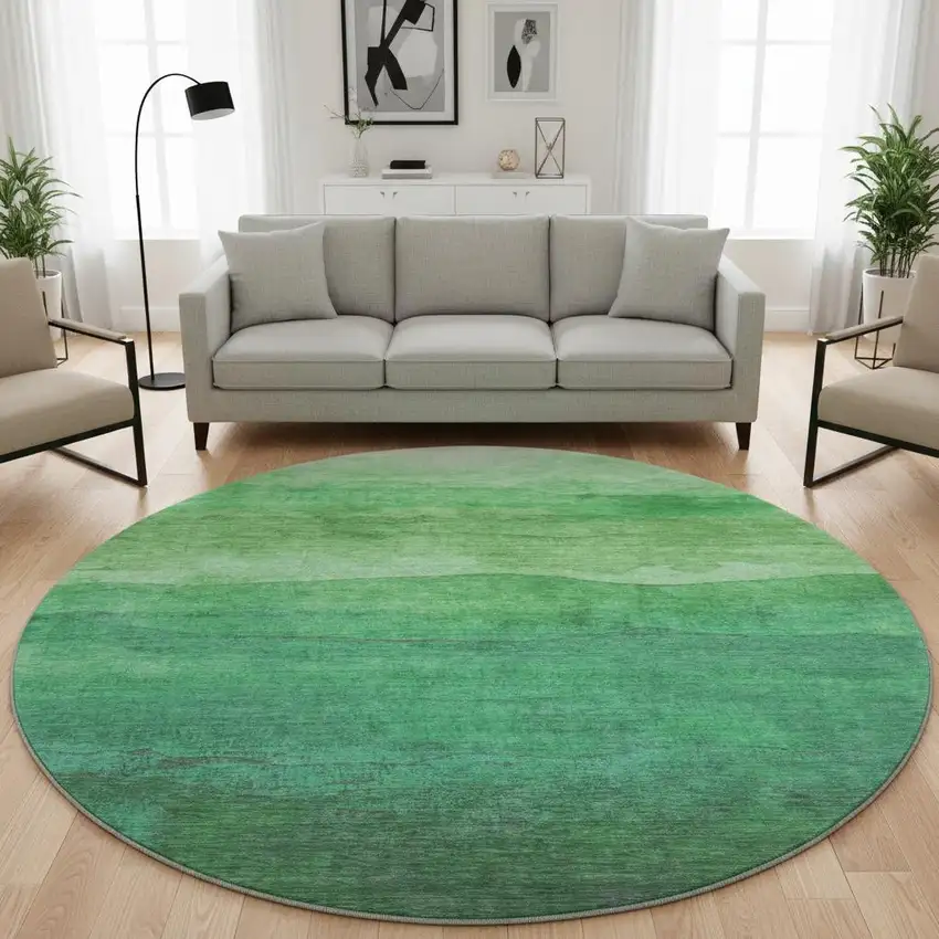 8' Green And Ivory Striped Washable Round Rug With UV Protection Photo 2
