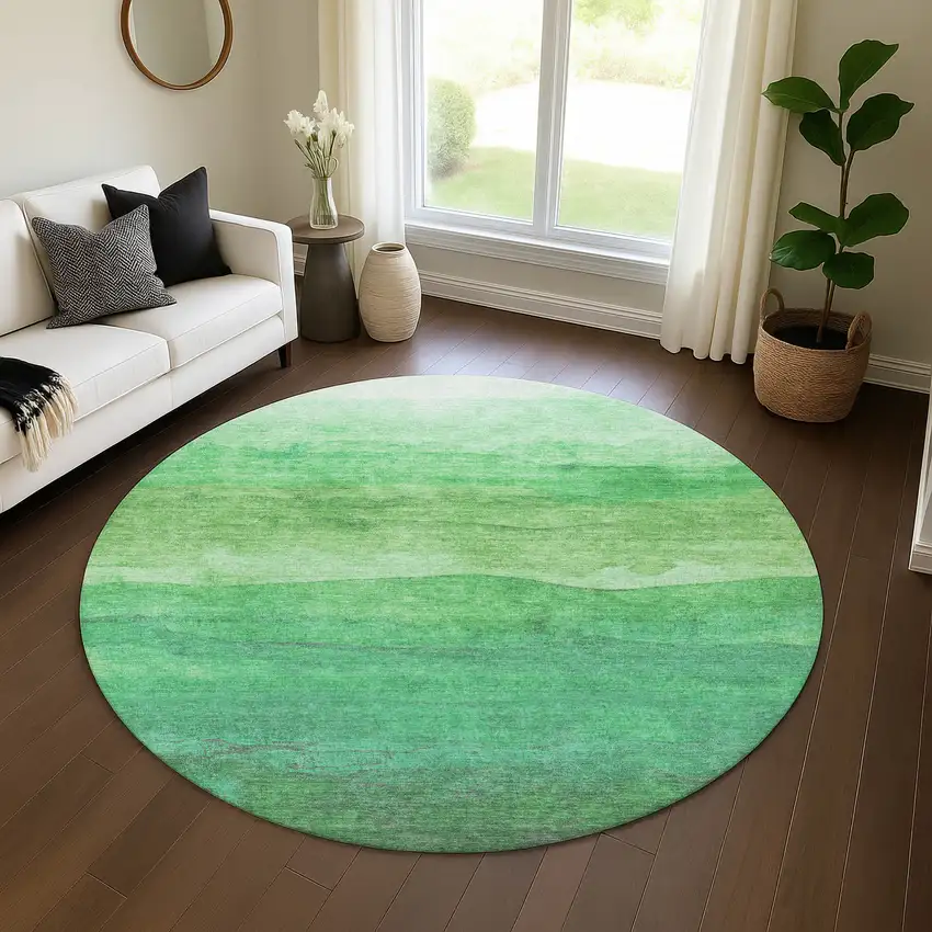 8' Green And Ivory Striped Washable Round Rug With UV Protection Photo 4