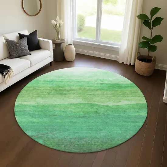 8' Green And Ivory Striped Washable Round Rug With UV Protection Photo 4