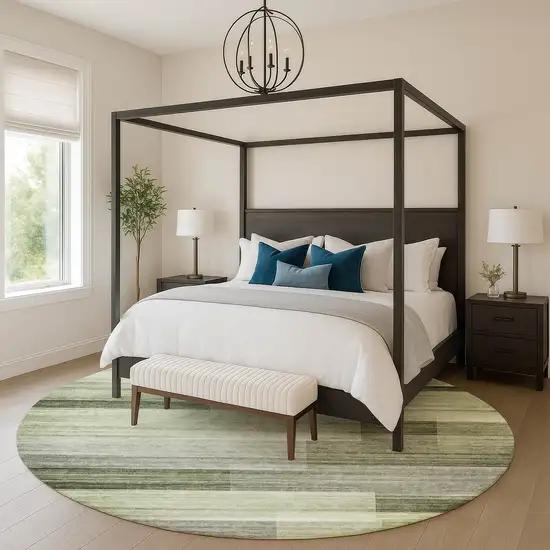 8' Green And Ivory Striped Washable Round Rug With UV Protection Photo 5