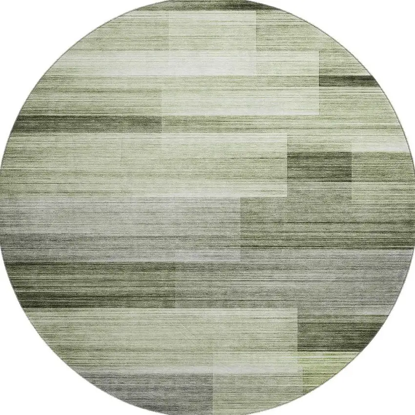 8' Green And Ivory Striped Washable Round Rug With UV Protection Photo 4