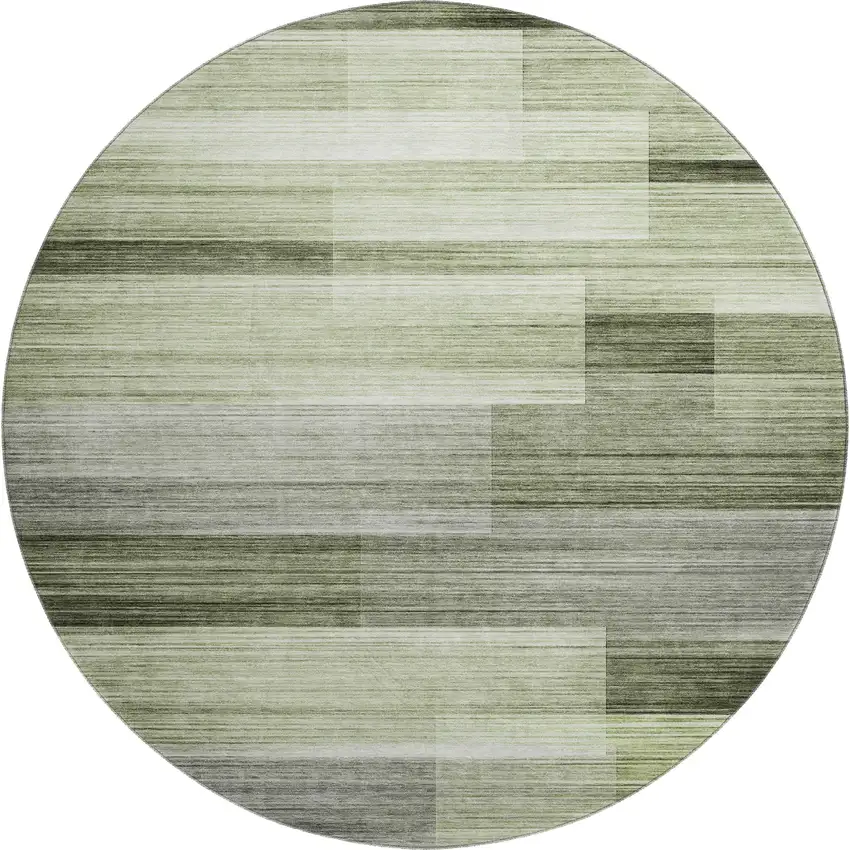 8' Green And Ivory Striped Washable Round Rug With UV Protection Photo 1