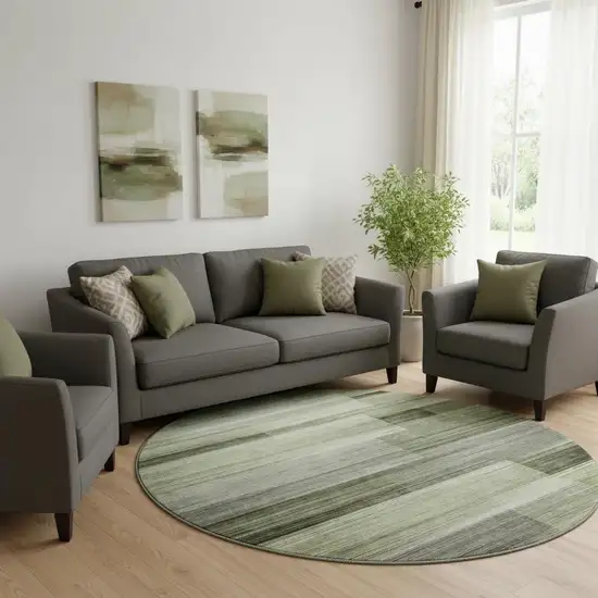 8' Green And Ivory Striped Washable Round Rug With UV Protection Photo 2