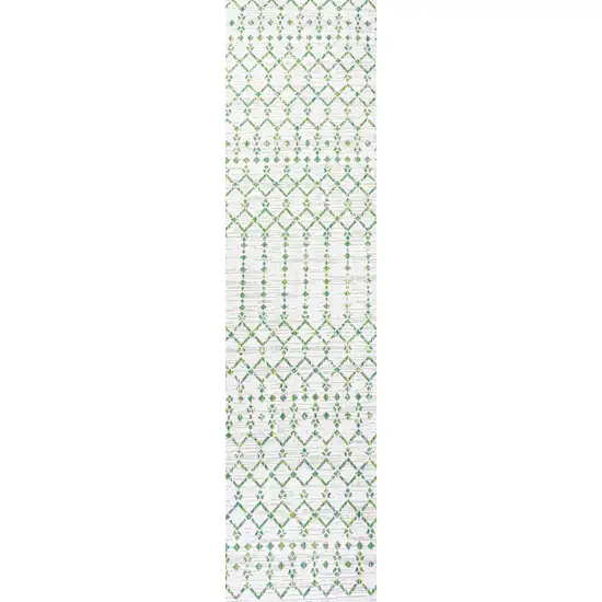 10' Green And Ivory Trellis Indoor Outdoor Runner Rug Photo 1