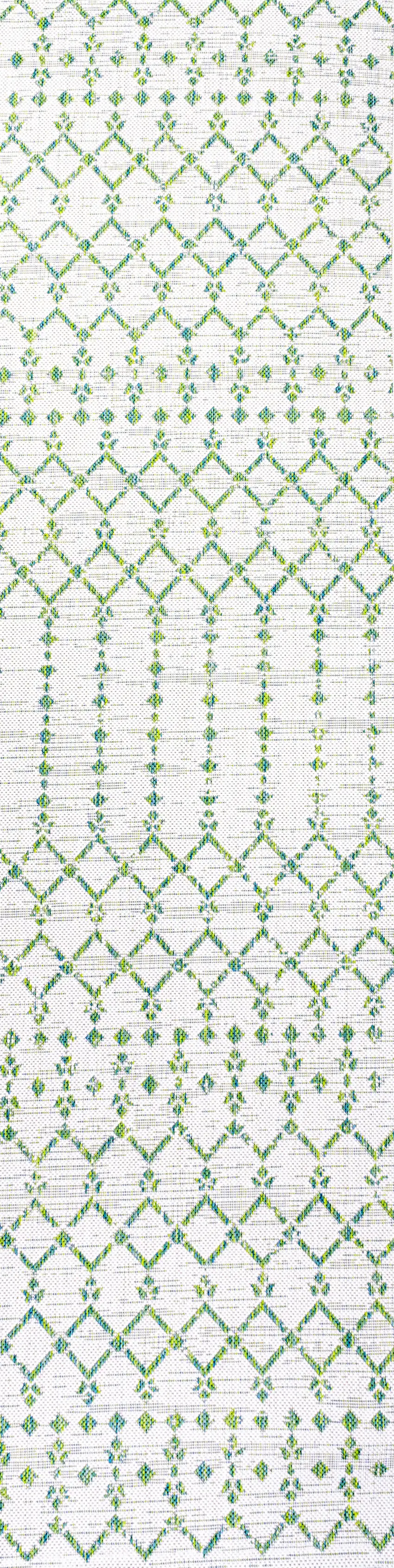 10' Green And Ivory Trellis Indoor Outdoor Runner Rug Photo 1